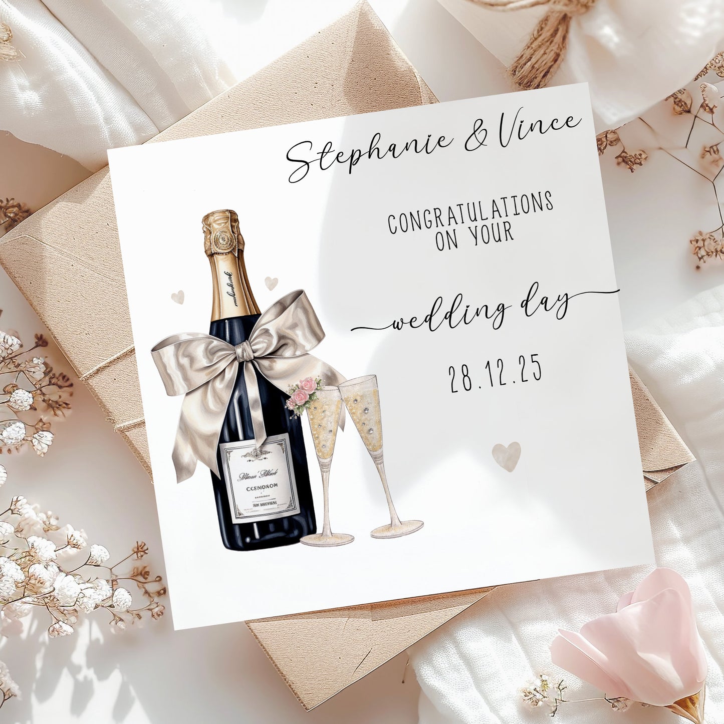 Congratulations on Your Wedding Day Card, Champagne Bottle & Flutes