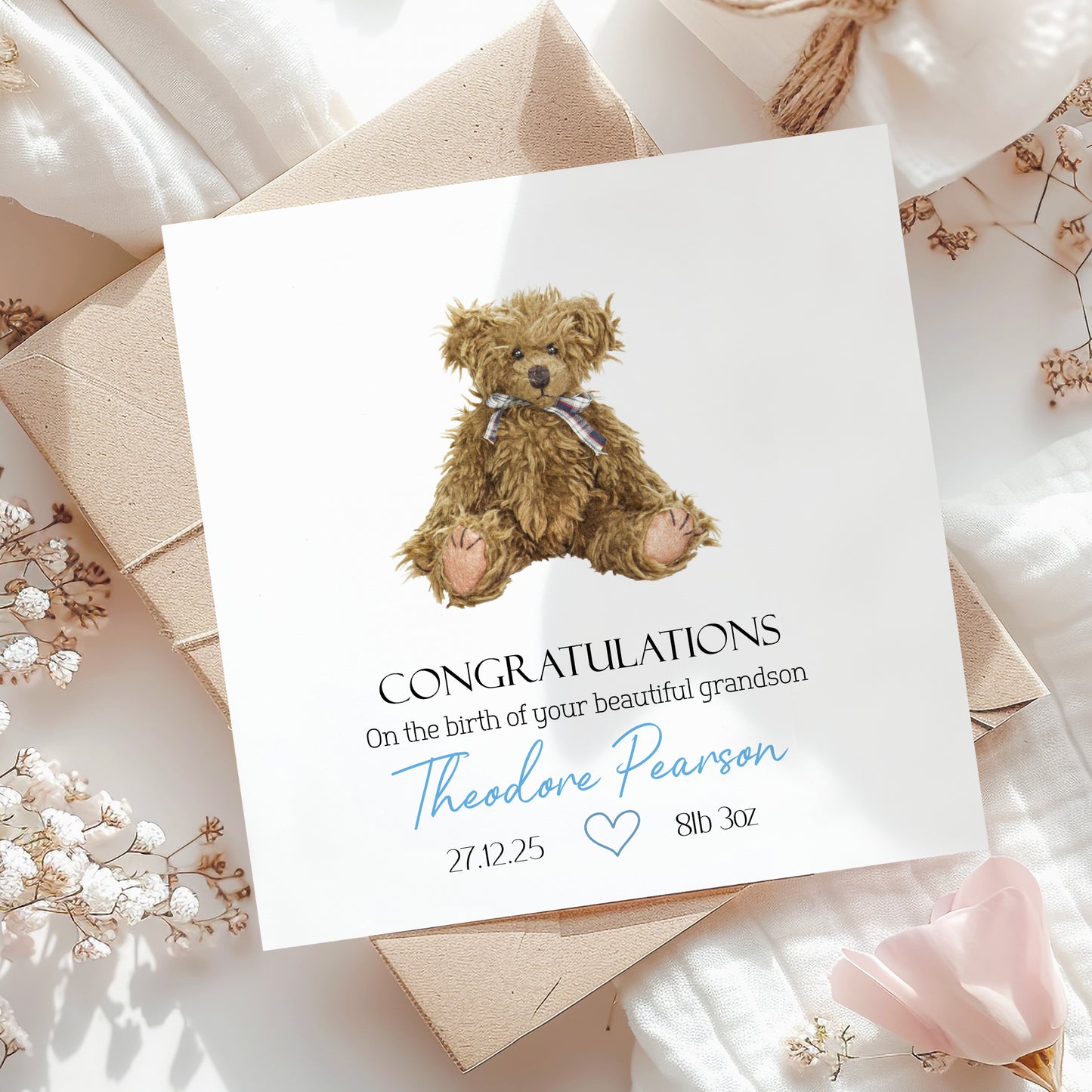 New Baby Boy Card, Welcome to World, Vintage Teddy Bear