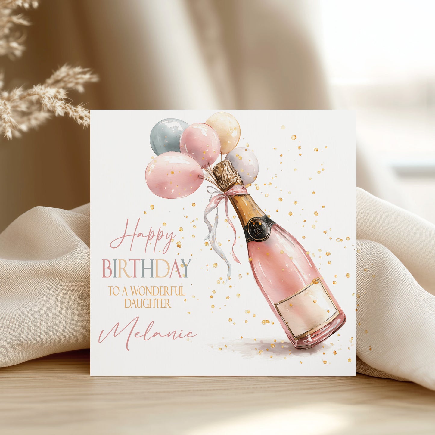 Champagne Balloons Watercolour Personalised Birthday Card For Her