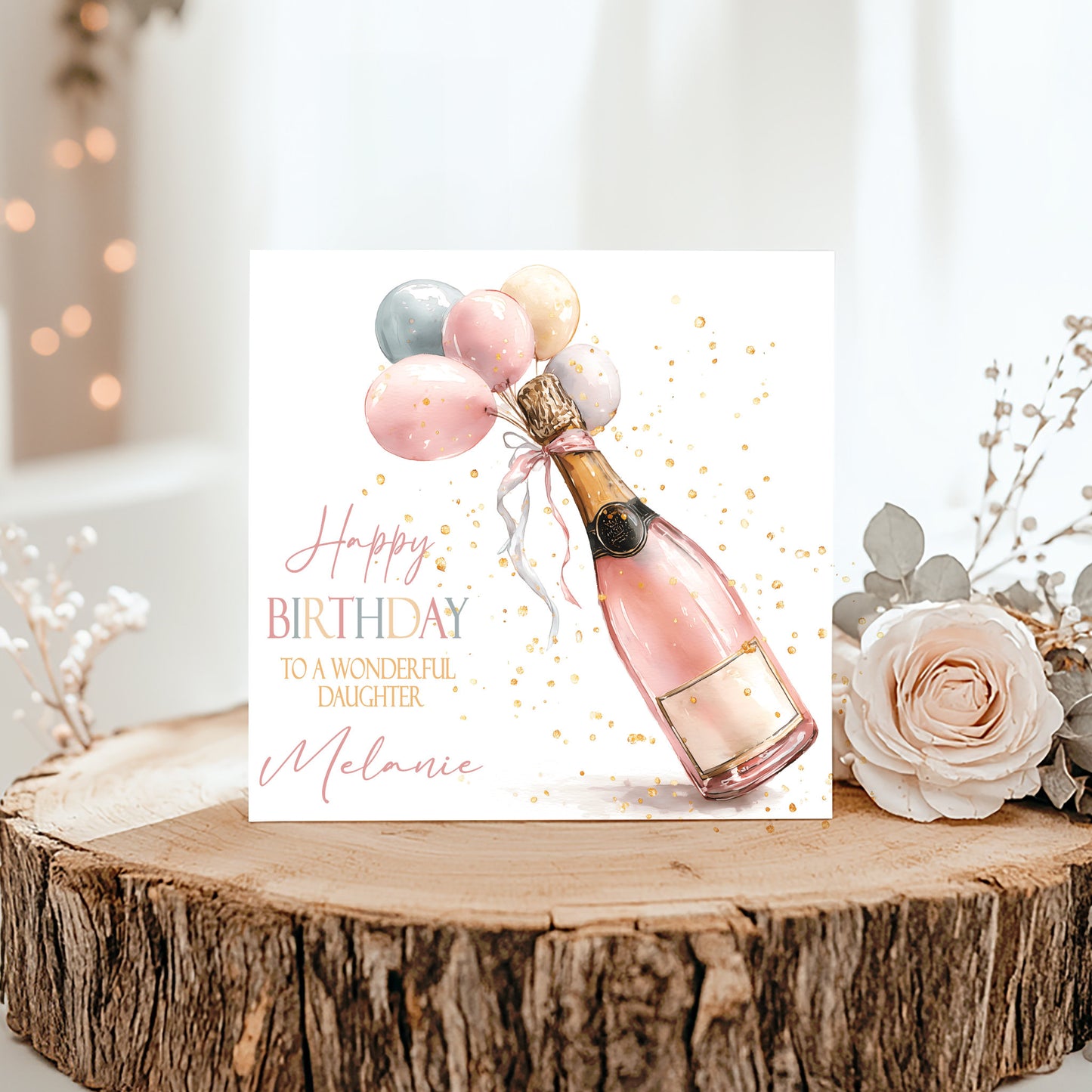 Champagne Balloons Watercolour Personalised Birthday Card For Her