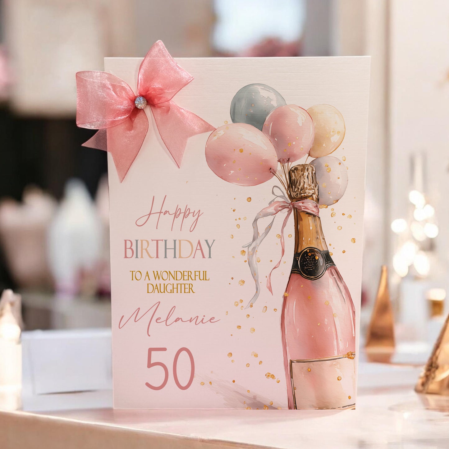 Champagne Balloons Watercolour Personalised Birthday Card For Her