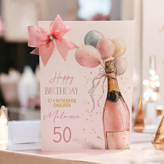 Large A4 Female Birthday Card Champagne Balloons Bottle