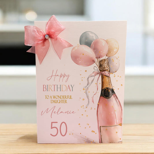 Large A4 Female Birthday Card Champagne Balloons Bottle