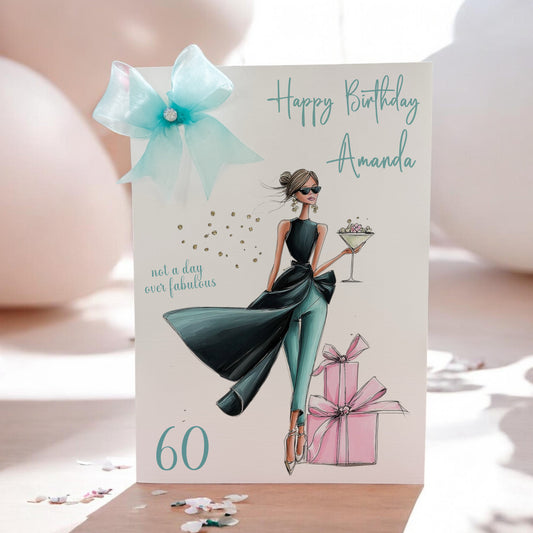 Large A4 Female Birthday Card Fashionista Design with Turquoise Bow