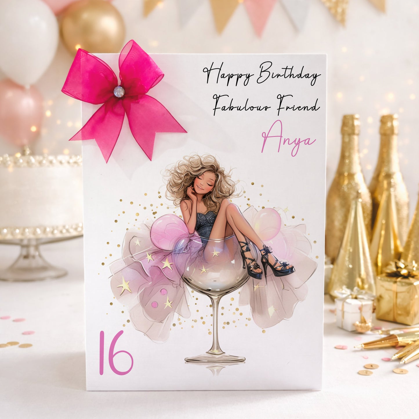 Large A4 Female Birthday Card Floral Fun Cocktail Girl Black Heels