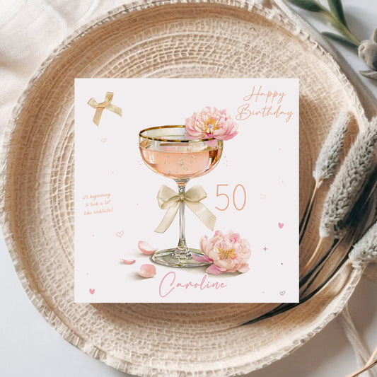 Peach Floral Cocktail Personalised Birthday Card