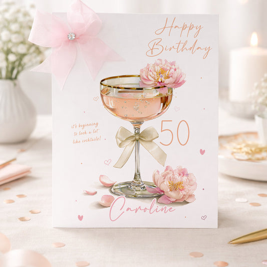 Large A4 Female Birthday Card Peach Floral Cocktail