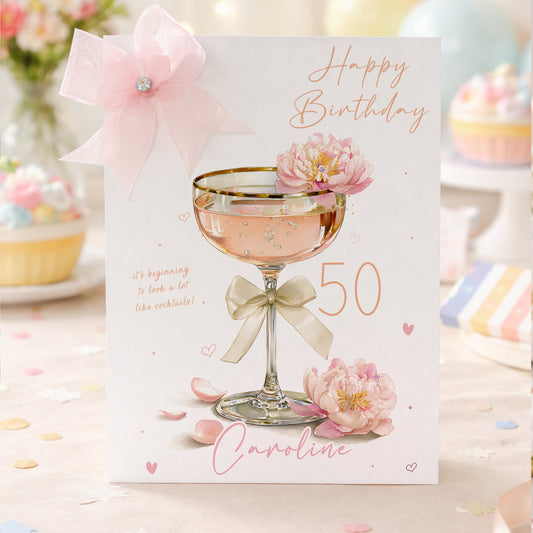 Large A4 Female Birthday Card Peach Floral Cocktail