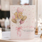 Personalised large A4 luxury Sweet 16 birthday card with pink and gold heart balloons, gold number 16 balloons, pink bow and hand-finished sparkle, customised with any name.