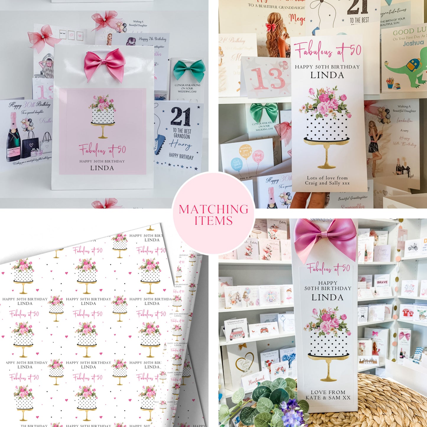Personalised large A4 luxury 50th birthday card featuring a floral birthday cake on a gold stand, customised with any name and hand-finished with gorgeous sparkle.