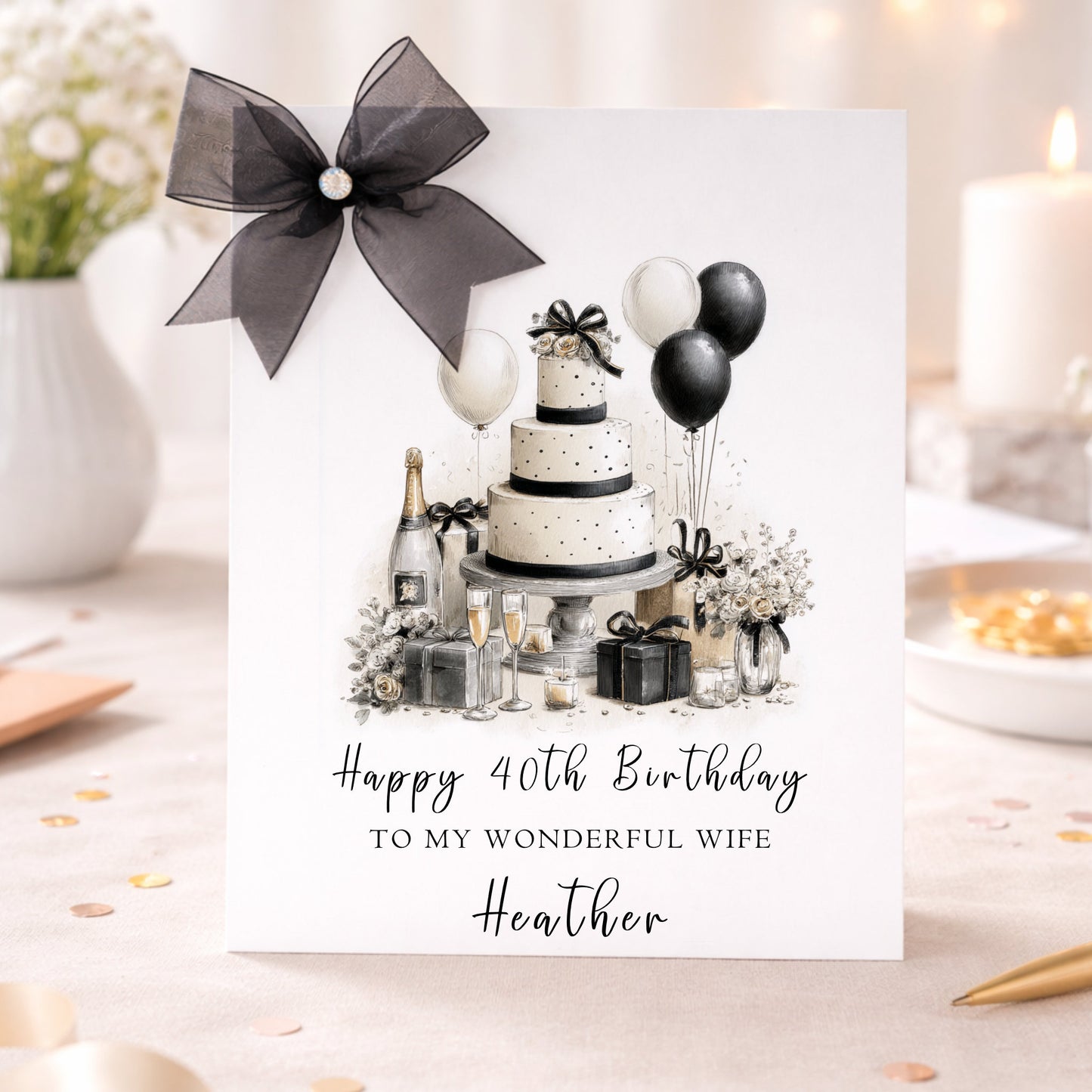 Personalised large A4 luxury 40th birthday card featuring an elegant celebration cake, champagne, balloons and gifts, hand-finished with gorgeous sparkle, a large black organza bow, diamante gem and customised with any name.