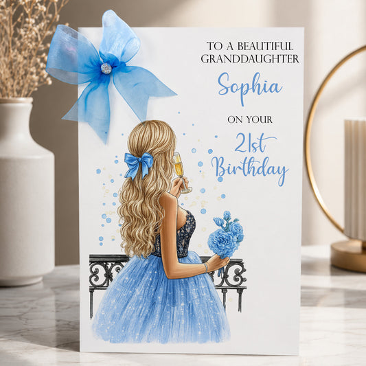 Large A4 Luxury Personalised Birthday Card for Her | Hand Finished with Organza Bow, Diamanté Gem & Sparkle Detail