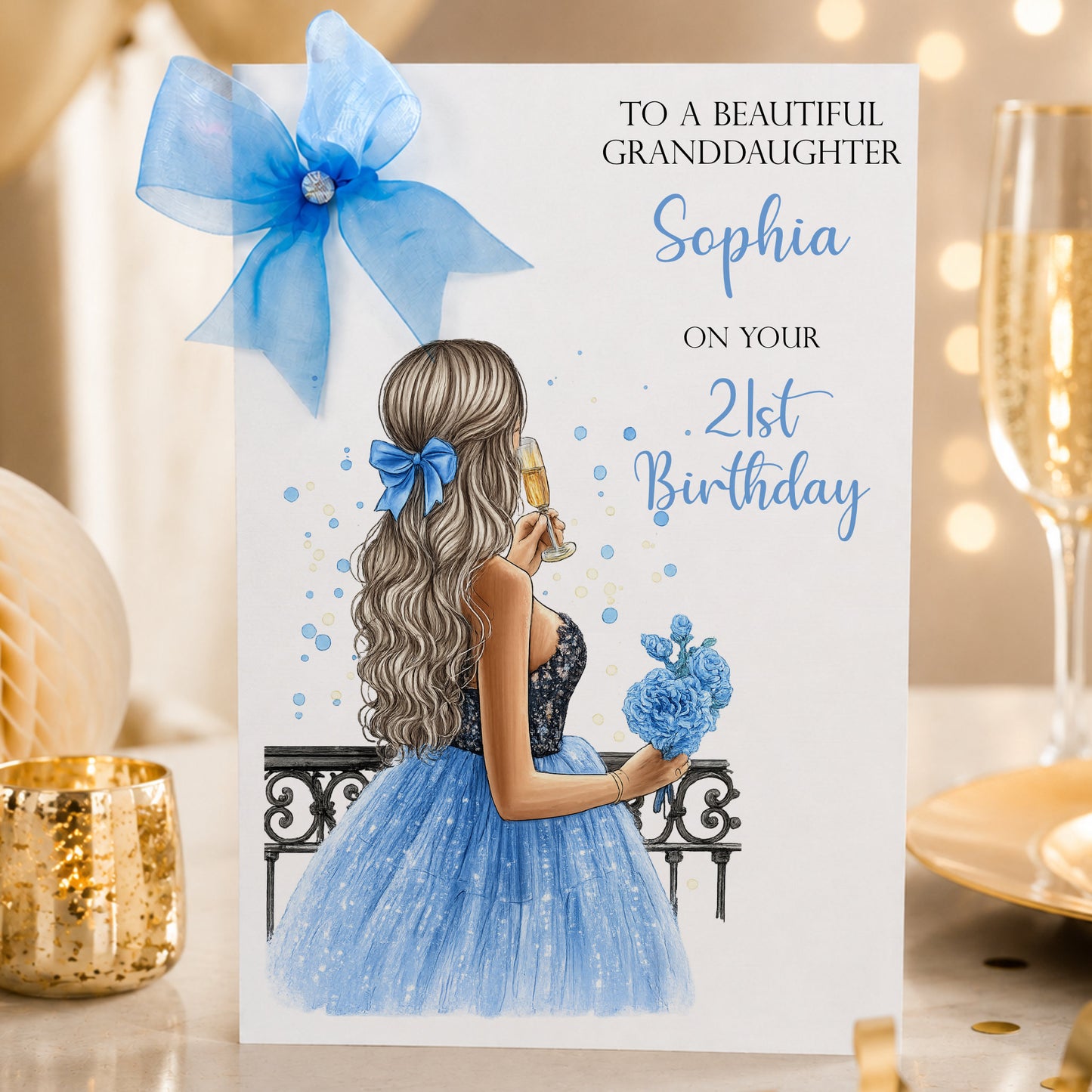 Large A4 Luxury Personalised Birthday Card for Her | Hand Finished with Organza Bow, Diamanté Gem & Sparkle Detail