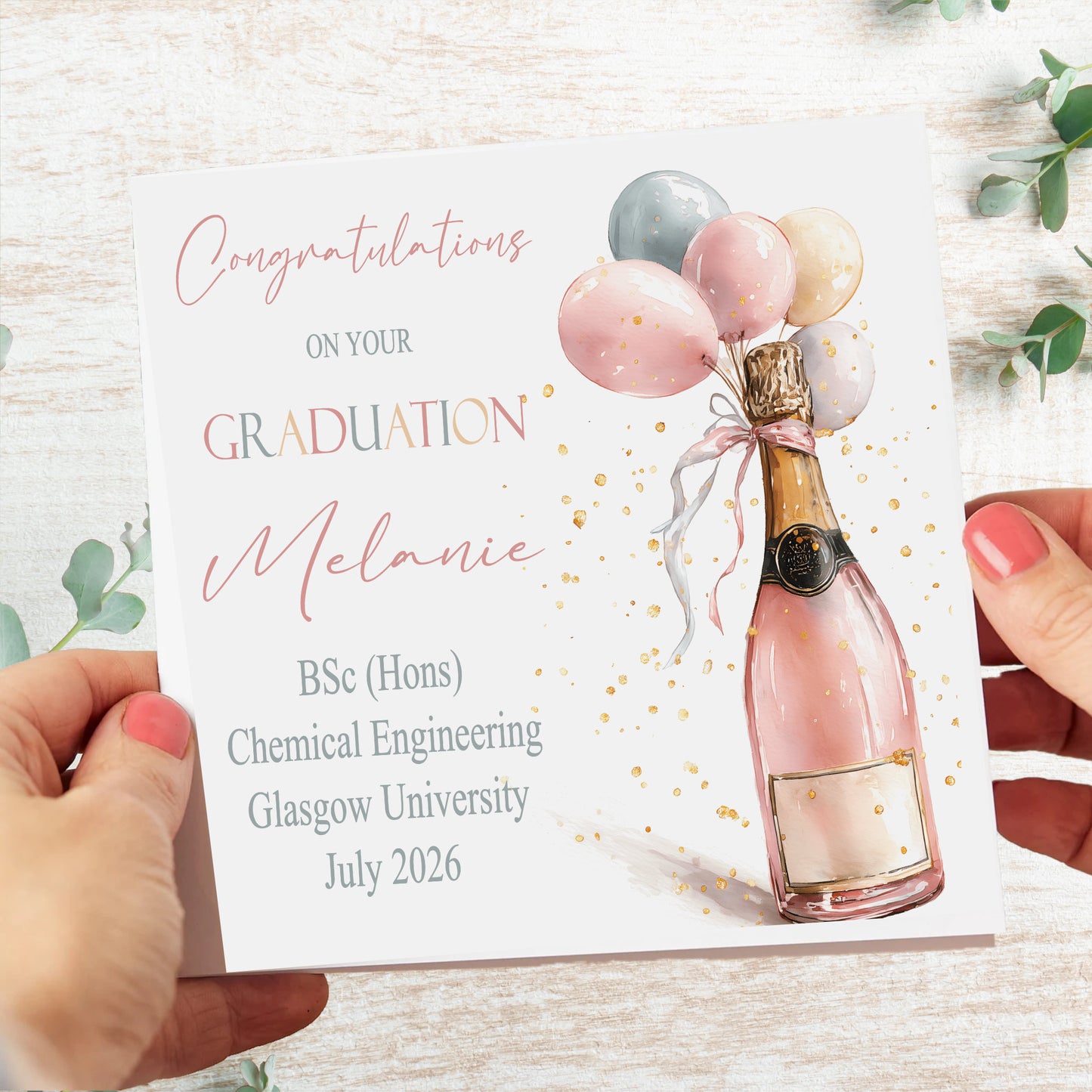 Personalised Graduation Card with Champagne & Balloons | Hand Finished Sparkle Graduation Congratulations Card | Custom University Graduate