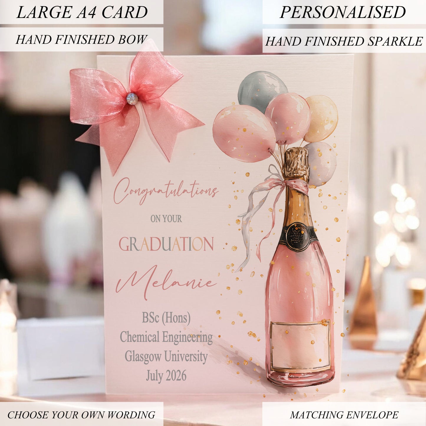 Personalised Large A4 Congratulations Graduation Card with Organza Bow & Gem