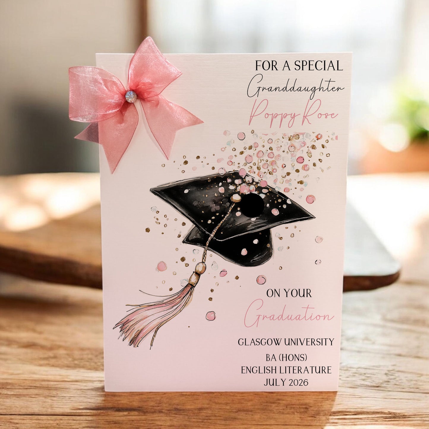 Personalised A4 Graduation Card with Organza Bow & Sparkle