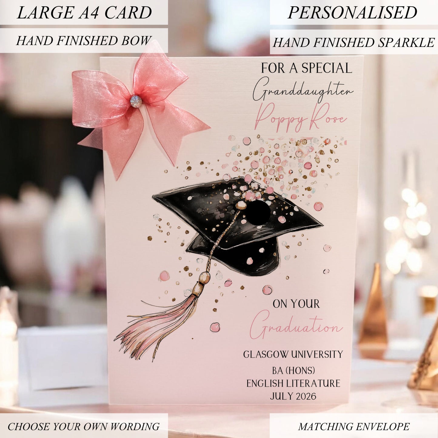 Personalised A4 Graduation Card with Organza Bow & Sparkle