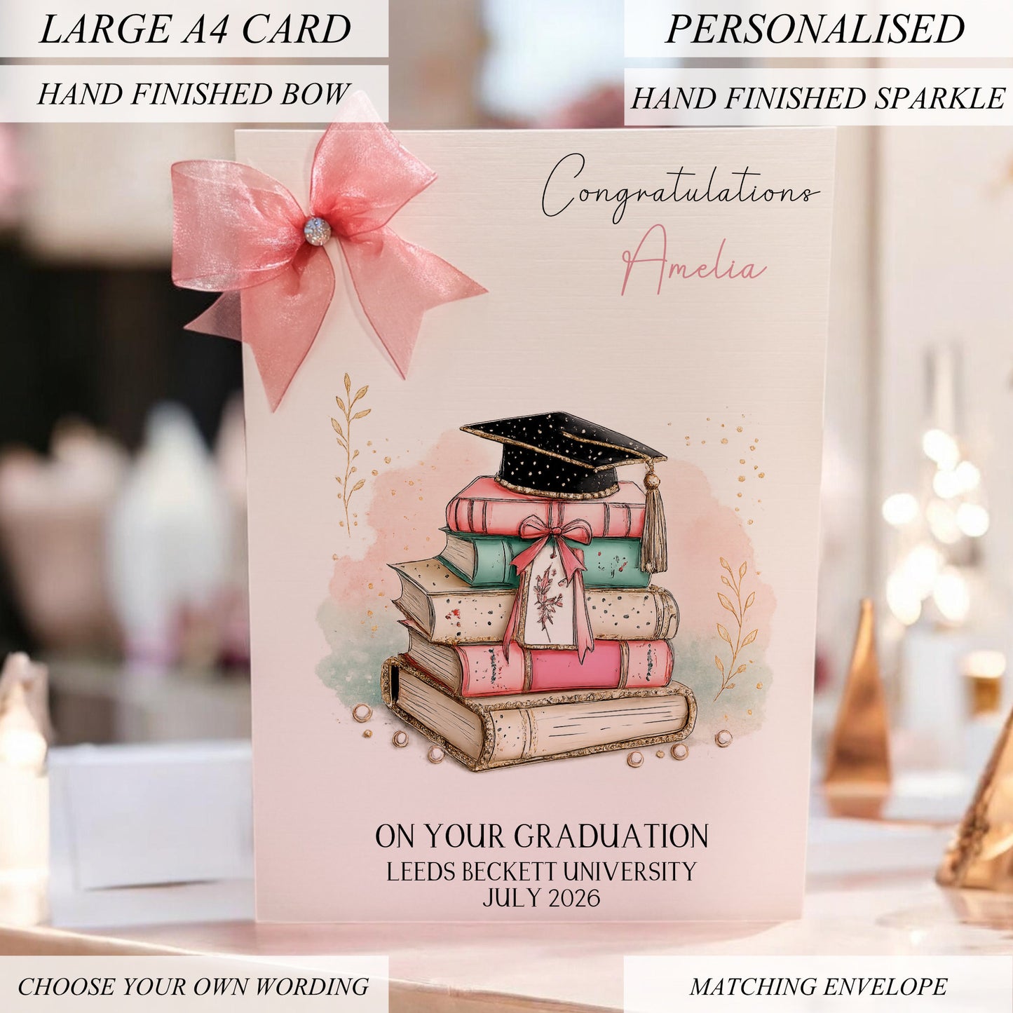 Personalised A4 Graduation Card with Organza Bow & Sparkle