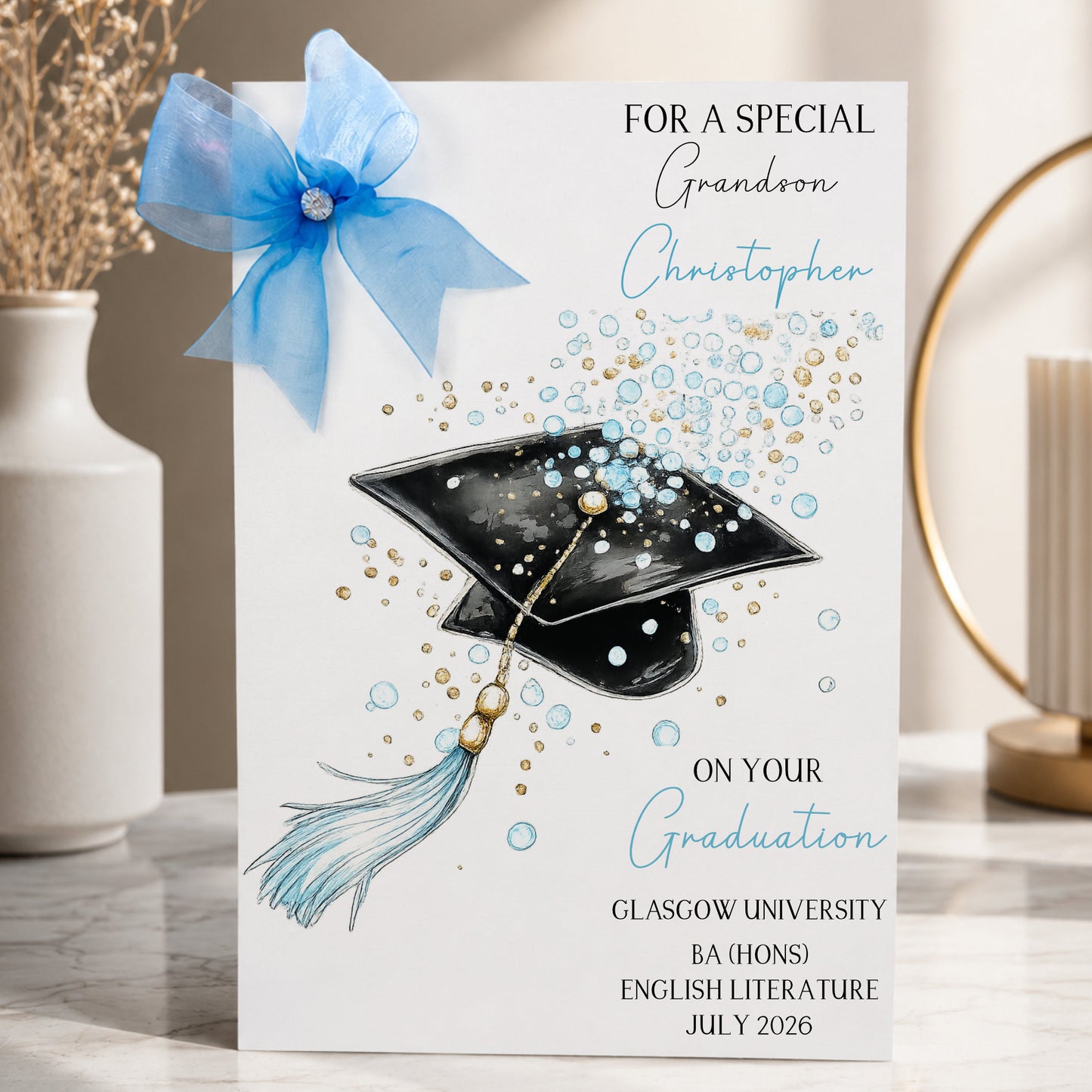 Personalised A4 Graduation Card with Organza Bow & Sparkle