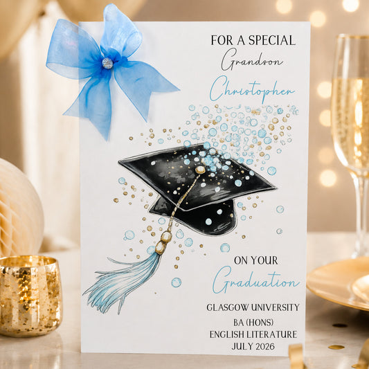Personalised A4 Graduation Card with Organza Bow & Sparkle