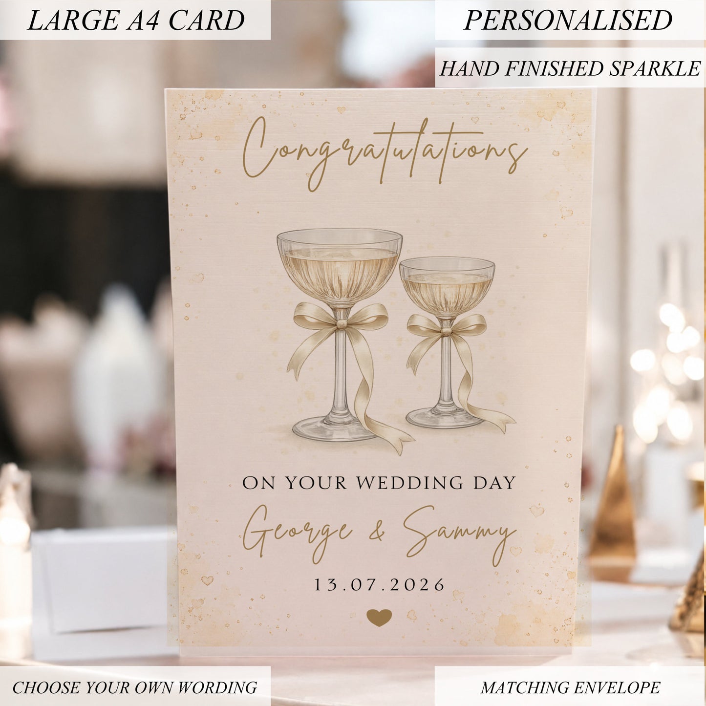 Large A4 Personalised Wedding Card with Champagne Glasses