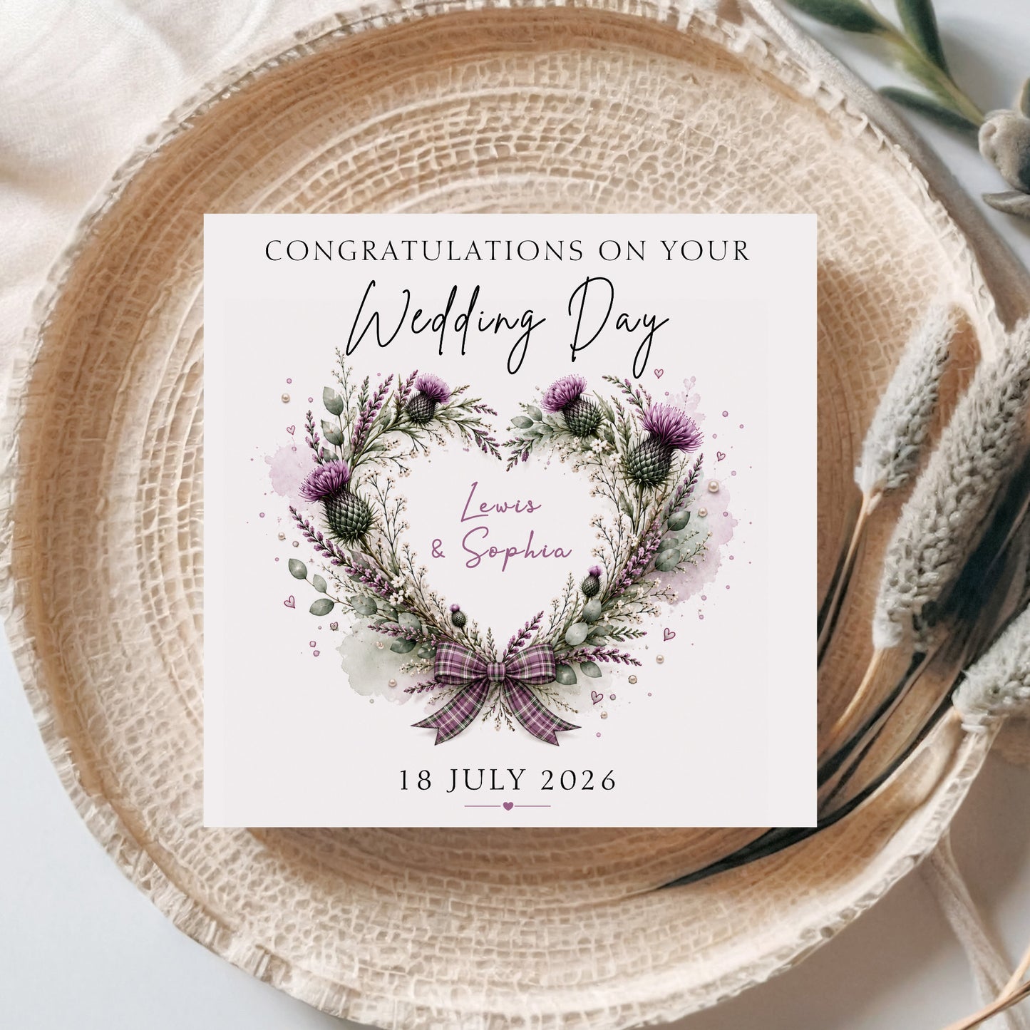 Personalised Wedding Card – Scottish Thistle Heart Design
