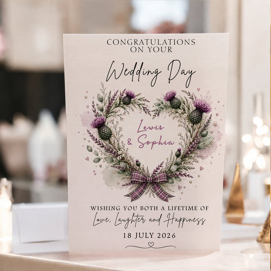 Large A4 Personalised Wedding Card – Scottish Thistle Heart Design