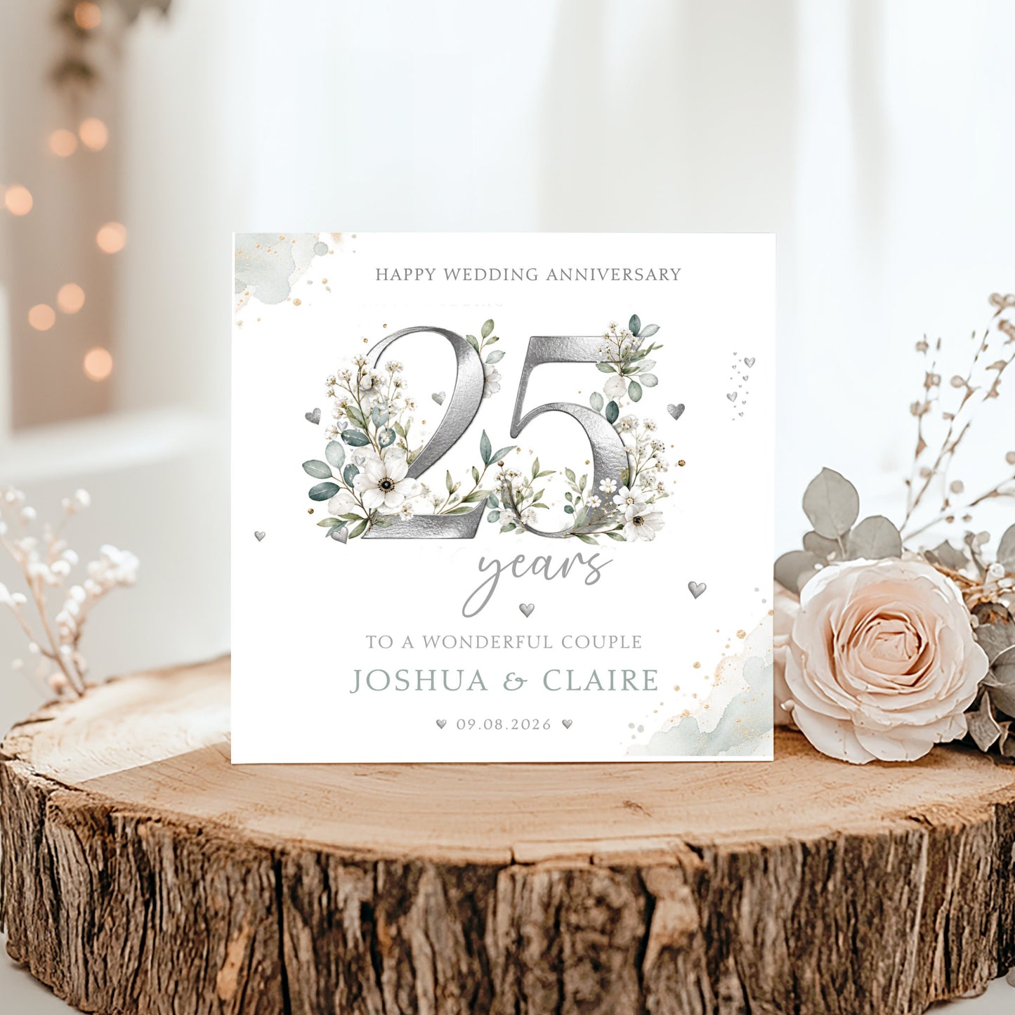 Personalised 25th Silver Wedding Anniversary card with silver 25 years design, white flowers, eucalyptus foliage and couple's names