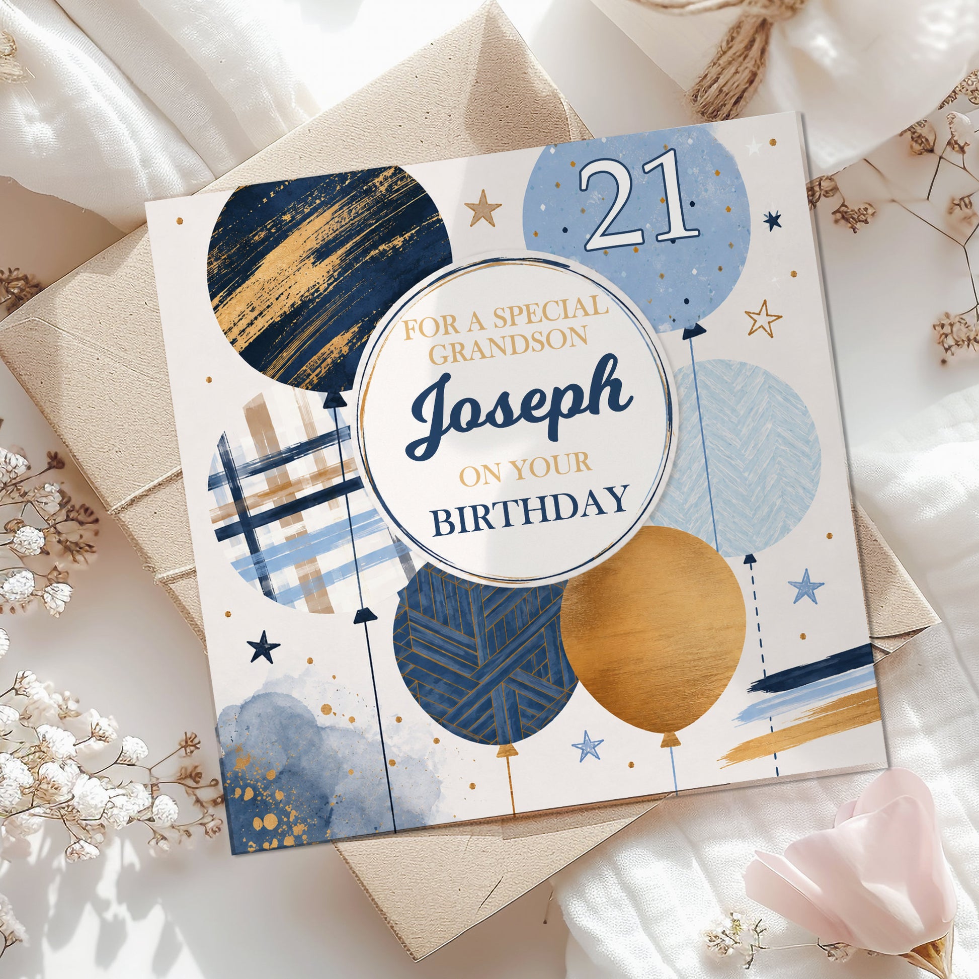 Personalised birthday card for him, blue and gold birthday card, personalised male birthday card, birthday card for any age, birthday card for dad, birthday card for husband, birthday card for son, birthday card for grandad, birthday card for brother, stylish birthday card for men, blue gold balloon birthday card, personalised birthday greeting card