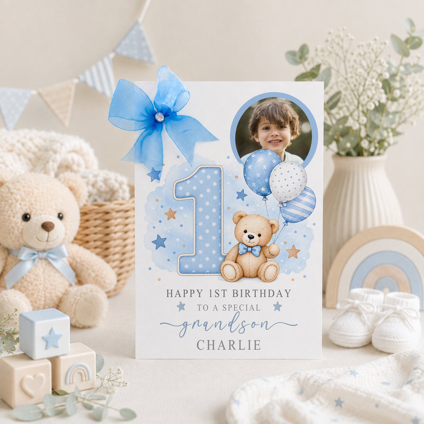 Large A4 Luxury Personalised Photo Birthday Card – Teddy Bear Ages 1-9