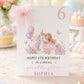 Personalised unicorn birthday card featuring a magical white unicorn with a colourful rainbow mane, a child in a pink dress, flowers, butterflies, balloons and pretty pink decorative details, creating a colourful and enchanting birthday design.