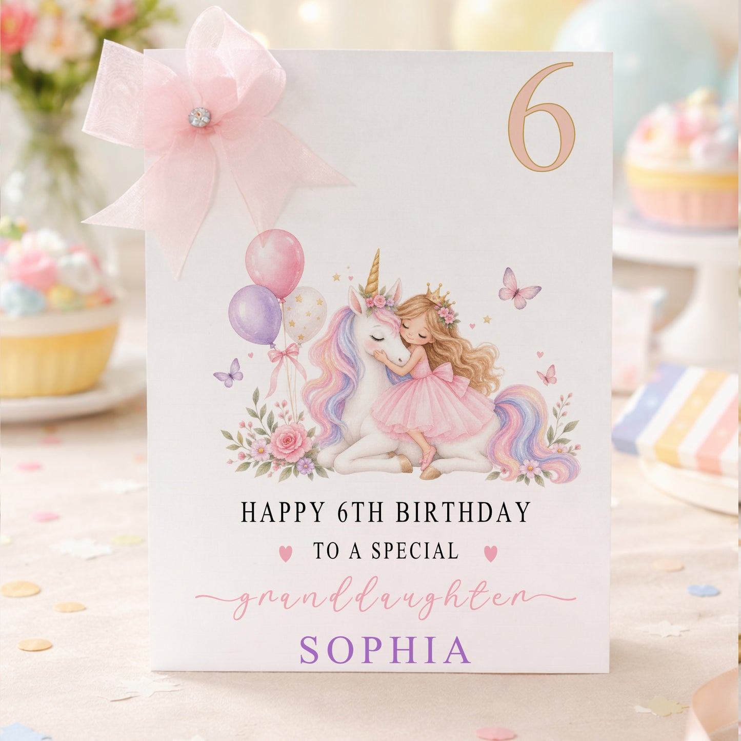 Personalised unicorn birthday card featuring a magical white unicorn with a colourful rainbow mane, a child in a pink dress, flowers, butterflies, balloons and pretty pink decorative details, creating a colourful and enchanting birthday design.