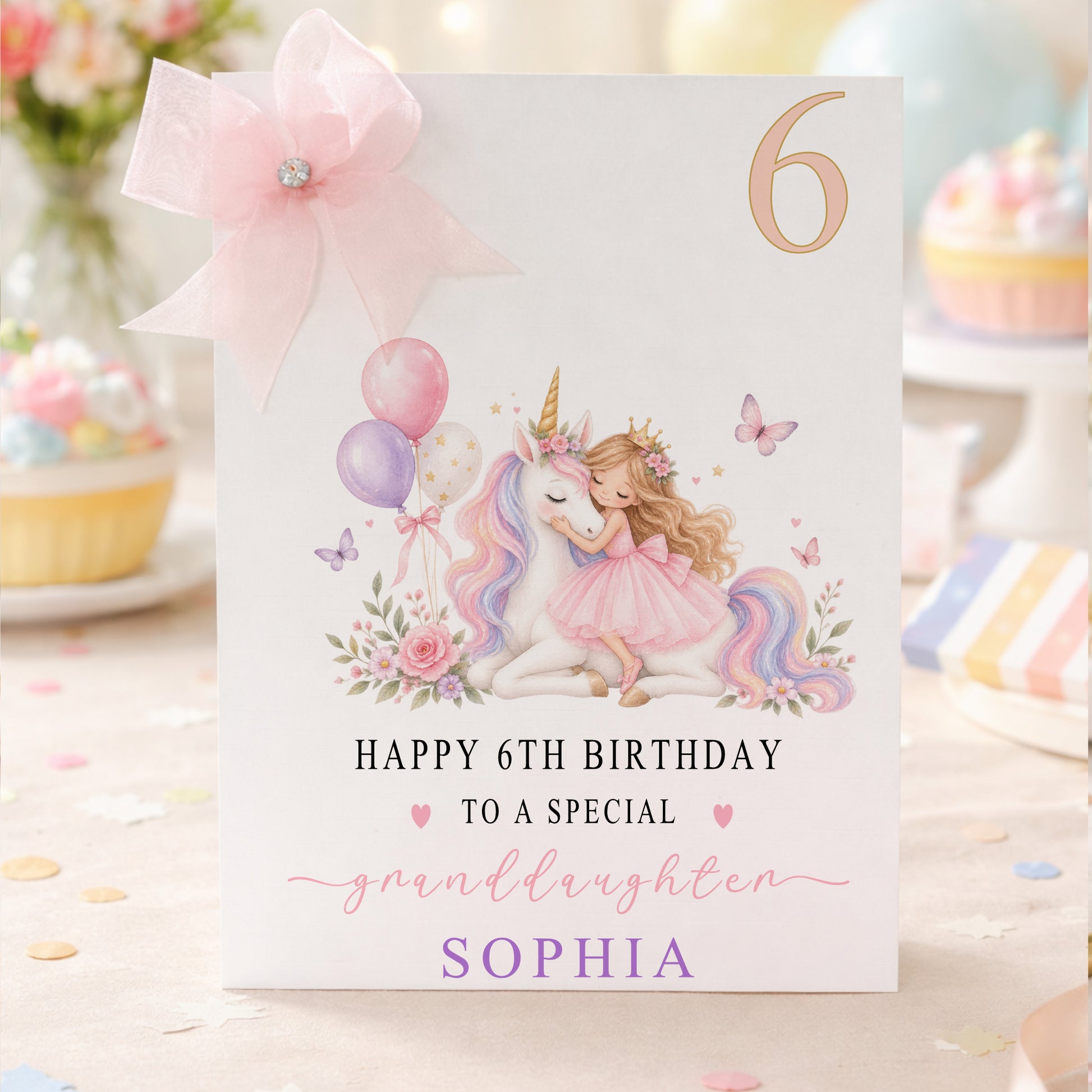 Personalised unicorn birthday card featuring a magical white unicorn with a colourful rainbow mane, a child in a pink dress, flowers, butterflies, balloons and pretty pink decorative details, creating a colourful and enchanting birthday design.