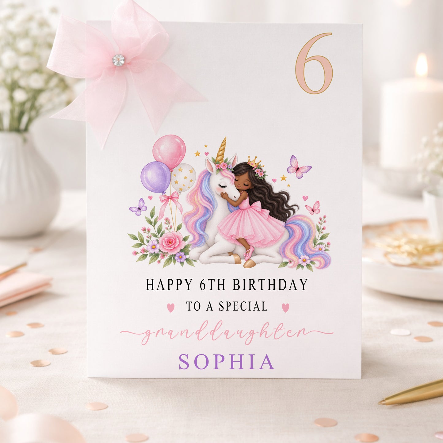 Personalised unicorn birthday card featuring a magical white unicorn with a colourful rainbow mane, a child in a pink dress, flowers, butterflies, balloons and pretty pink decorative details, creating a colourful and enchanting birthday design.