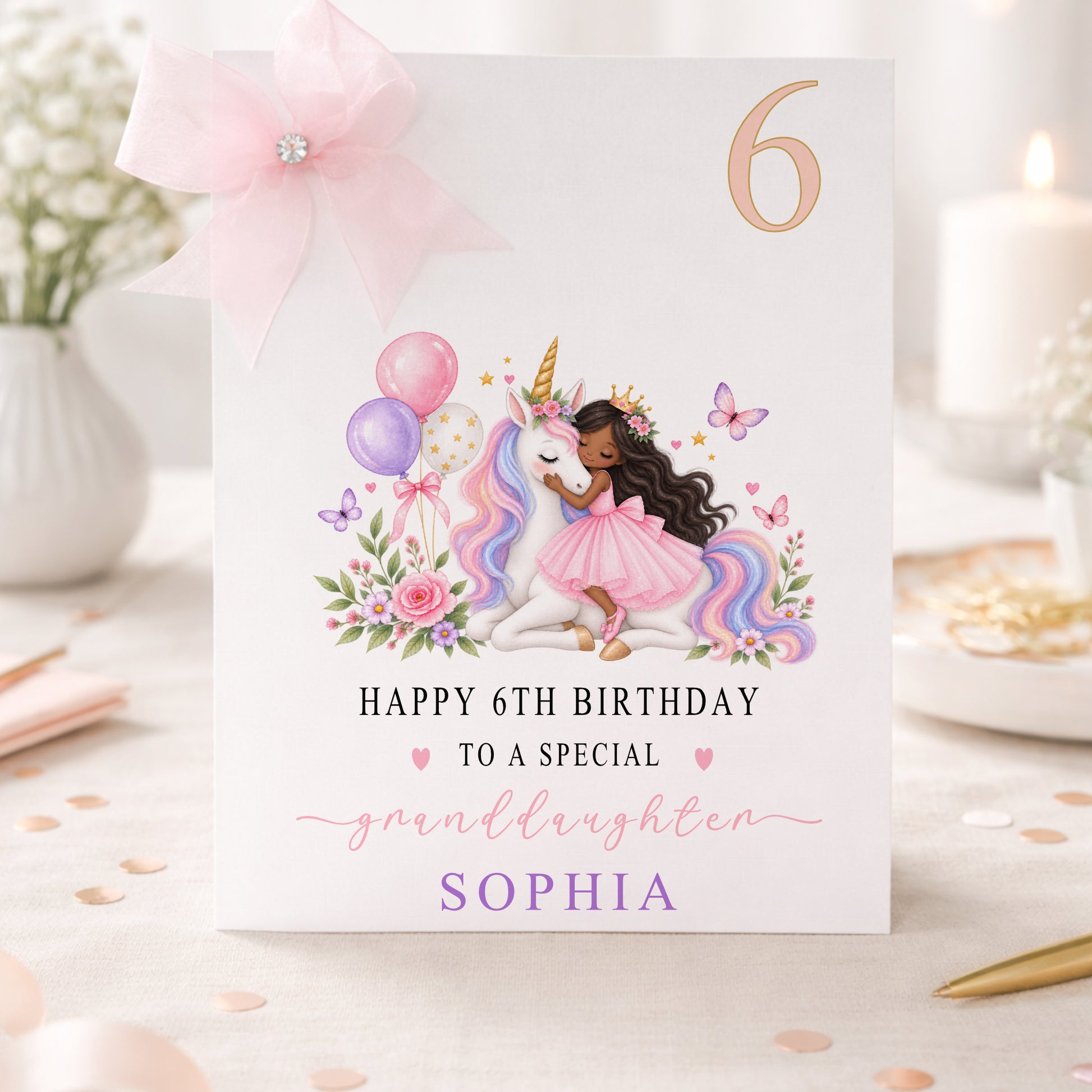 Personalised unicorn birthday card featuring a magical white unicorn with a colourful rainbow mane, a child in a pink dress, flowers, butterflies, balloons and pretty pink decorative details, creating a colourful and enchanting birthday design.