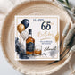 A square personalized 65th birthday card for a husband, styled flat-lay on a woven beige placemat. The card features a watercolor illustration of a whiskey bottle, a glass of amber liquor, balloons, and gold and navy text reading 'HAPPY 65th Birthday TO A SPECIAL HUSBAND' with the name 'Edward'.