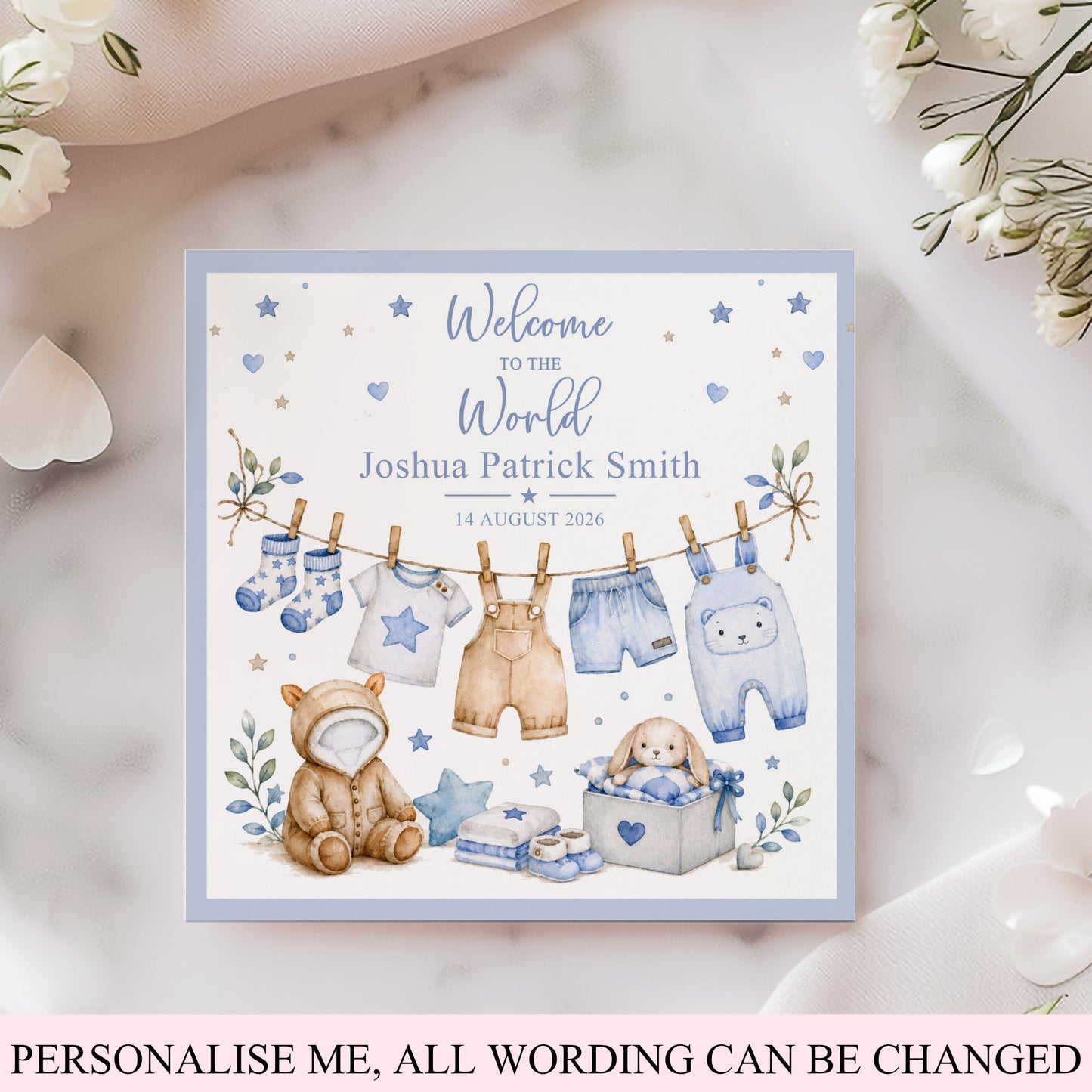 Personalised Welcome to the World Baby Boy Card Clothes Washing Line