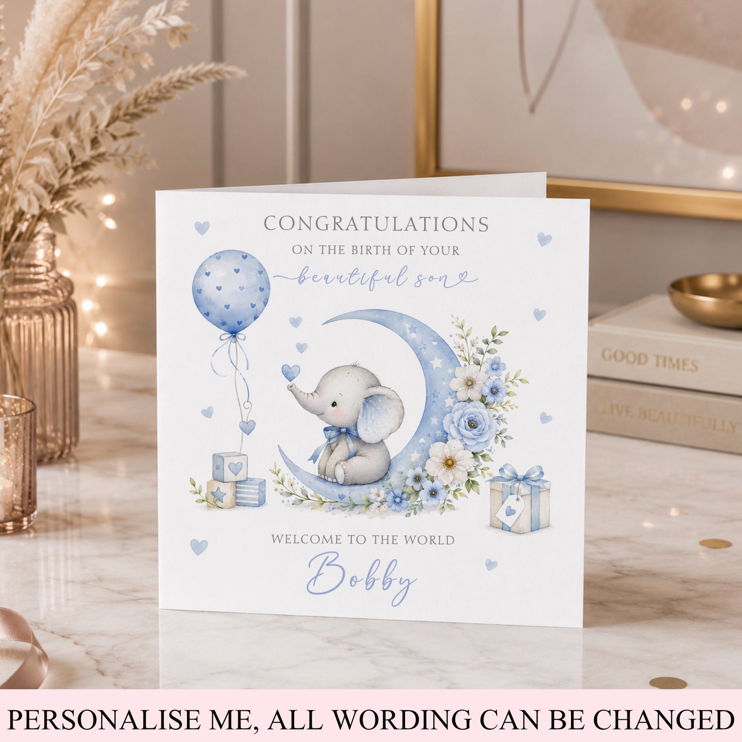 Personalised New Baby Boy Elephant Card