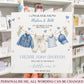 A personalized baby birth announcement card held by a hand, featuring an illustration of a baby's clothing hanging on a clothesline. The card is set against a background of retail shelves filled with other greeting cards.