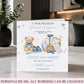 A personalized baby shower congratulations card displayed on a marble surface in a styled home setting. The card features watercolor illustrations of a teddy bear, a basket with baby clothes, and a pair of blue shoes, with customizable text.