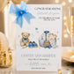 A white new baby boy greeting card displayed upright in a softly styled neutral setting. The card features a teddy bear wearing a blue bow, tiny blue baby shoes, a woven basket containing baby clothing and a blue and white blanket, surrounded by small stars and delicate botanical details. The card reads “Congratulations Stuart & Lynne” and “On the Birth of Your Special Son”, with “Carter Sam Harper”, “Welcome to the World Little One” and the date “15th August 2026” displayed below.