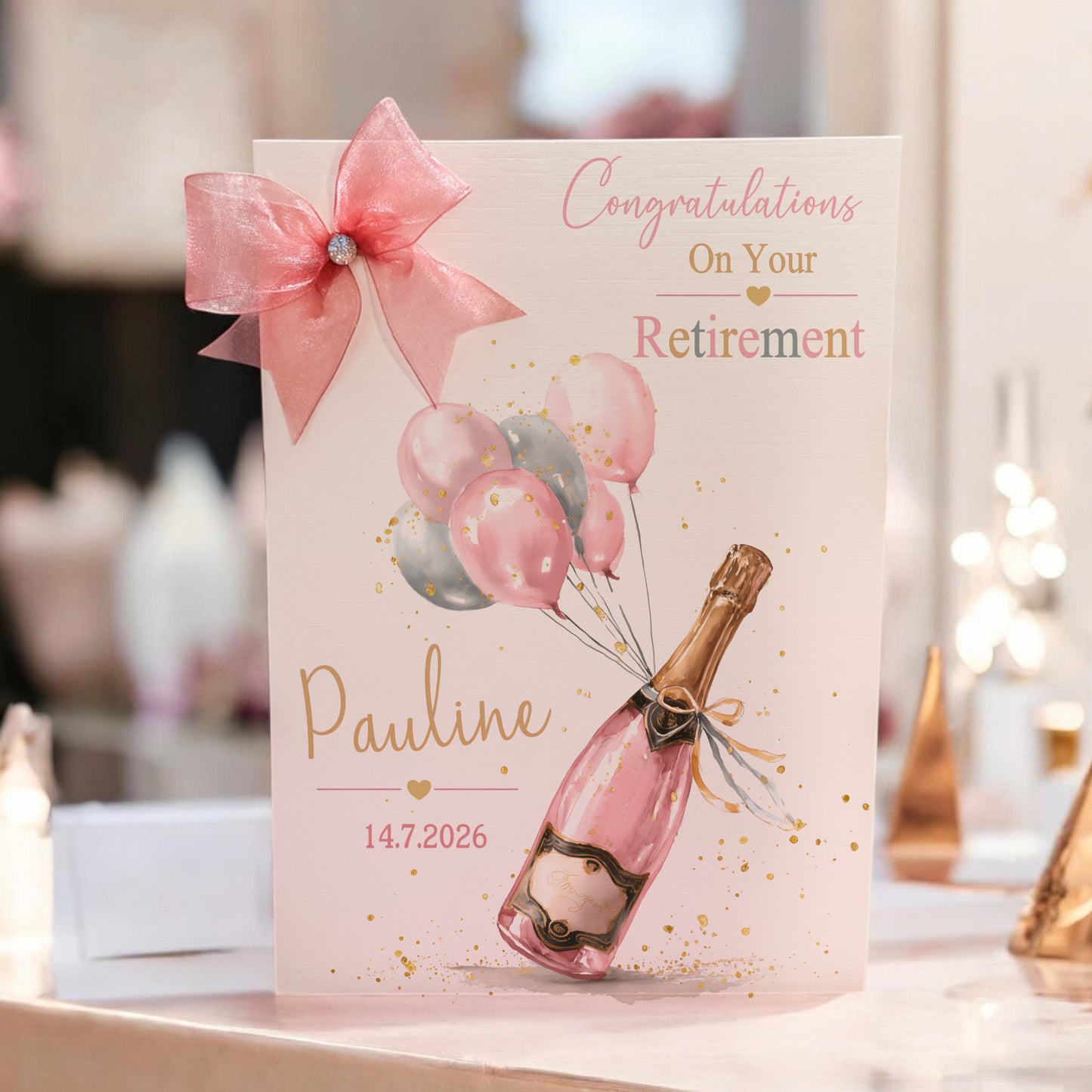 Large A4 Personalised Retirement Card Pink Champagne Balloon