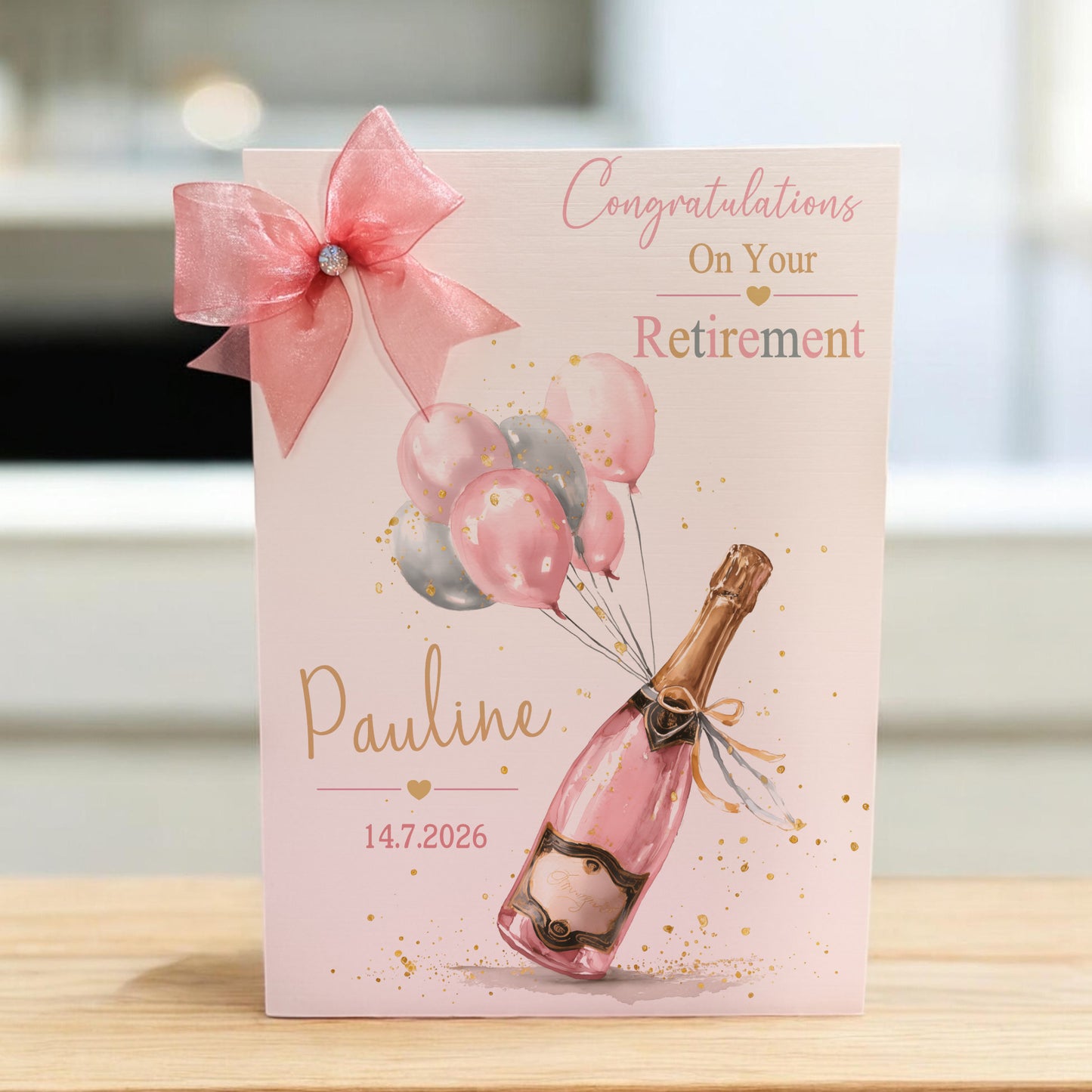 Large A4 Personalised Retirement Card Pink Champagne Balloon