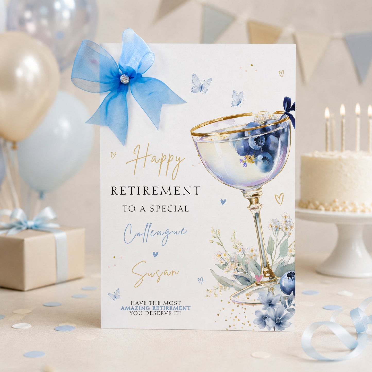 Luxury a4 large retirement card for a colleague, friend or any relationship, featuring a blueberry cocktail design hand finished with a gorgeous sparkle large organza bow and diamonte gem. This is a lovely luxury card that will stand out from the crowd.