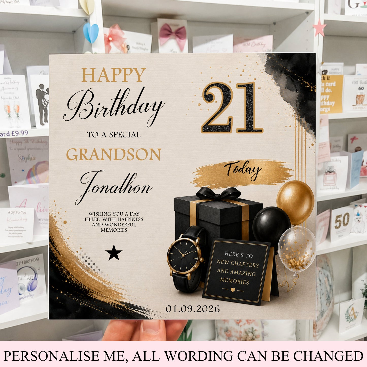 personalised birthday card for any age name and relationship, example shows a 21st birthday card with a black and gold theme of gift box watch and balloons