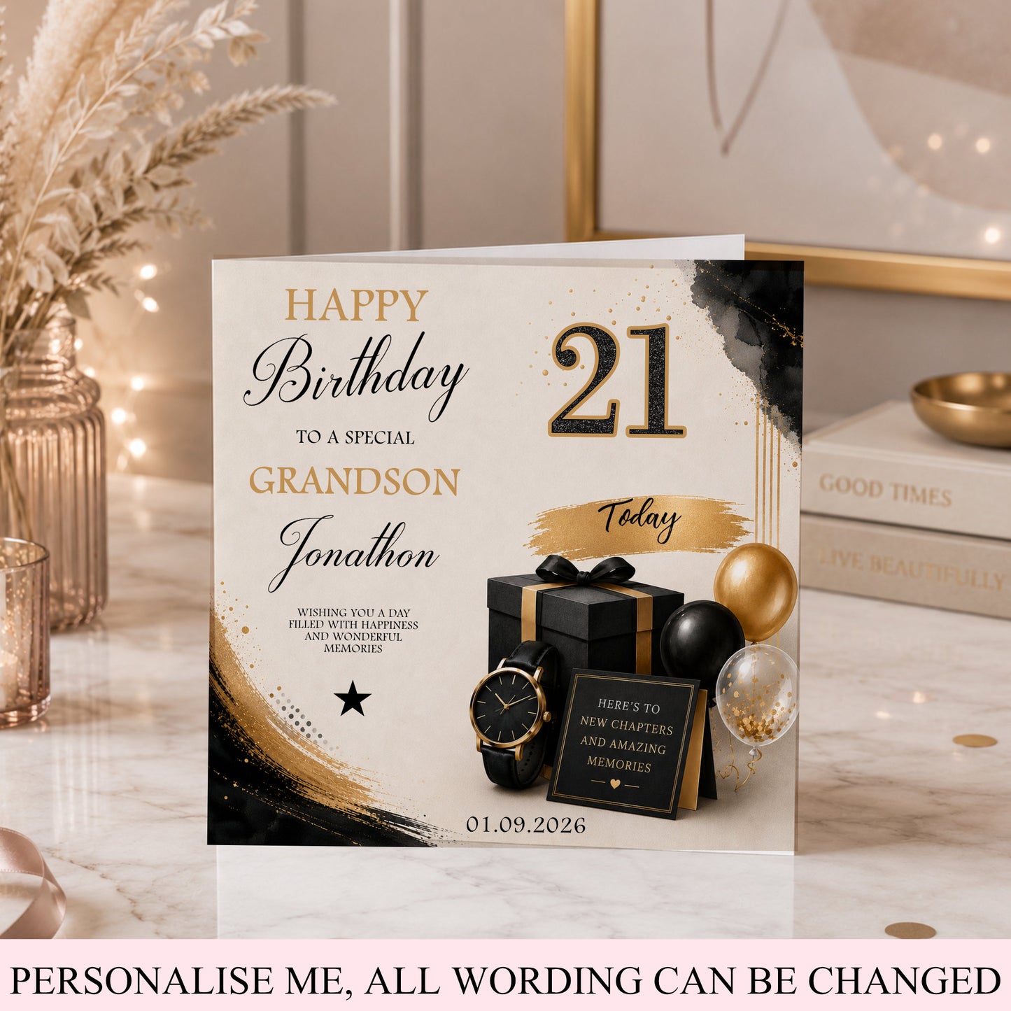 personalised birthday card for any age name and relationship, example shows a 21st birthday card with a black and gold theme of gift box watch and balloons