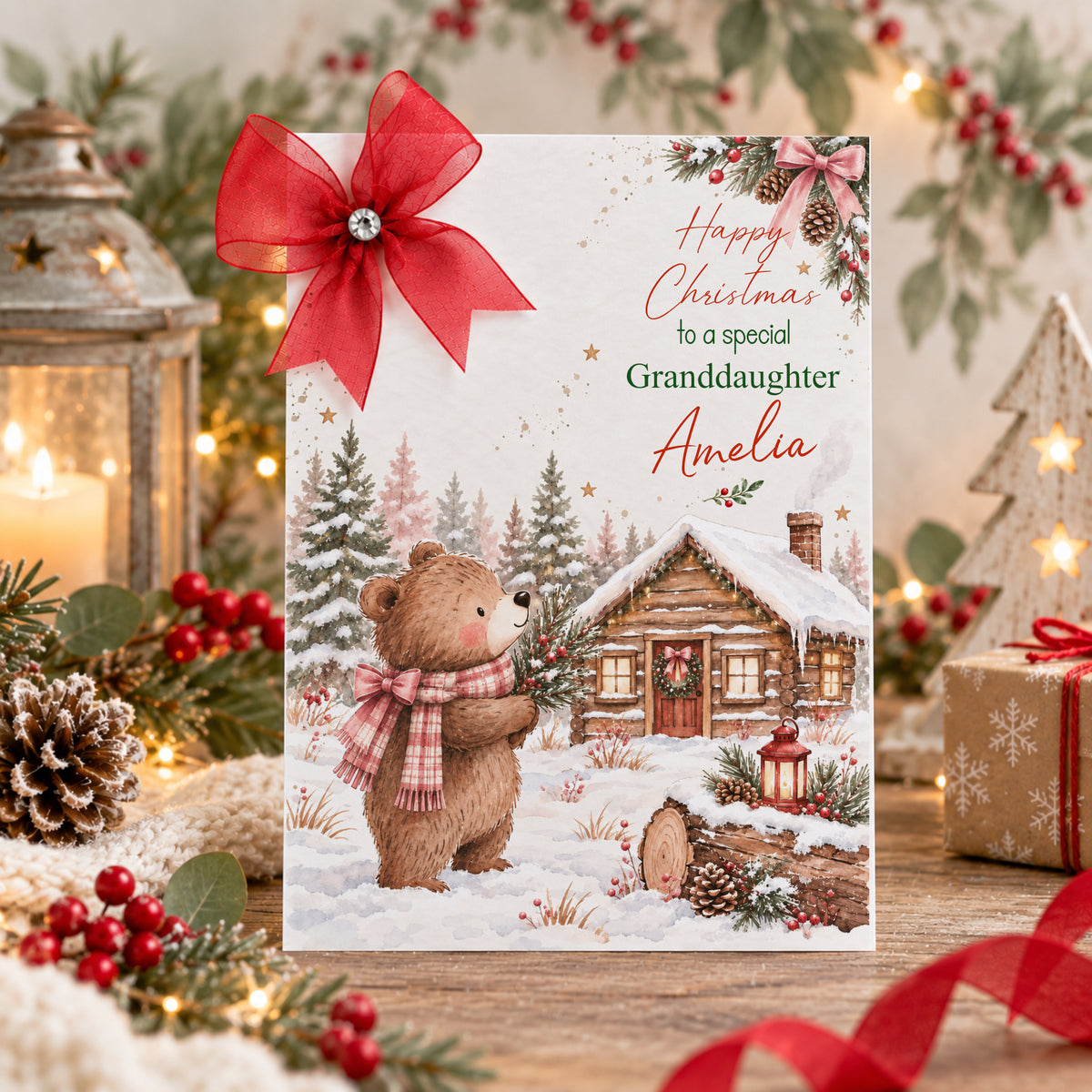 Personalised Large A4 Christmas card with cute woodland bear, snowy log cabin, festive greenery and red bow, suitable for any age and relationship. Comes with organza  bow and diamonte gem, matching insert and envelope