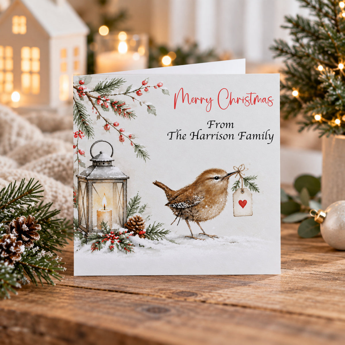 Personalised Christmas card pack featuring three different robin Christmas card designs with holly, red berries and snowy winter scenes.