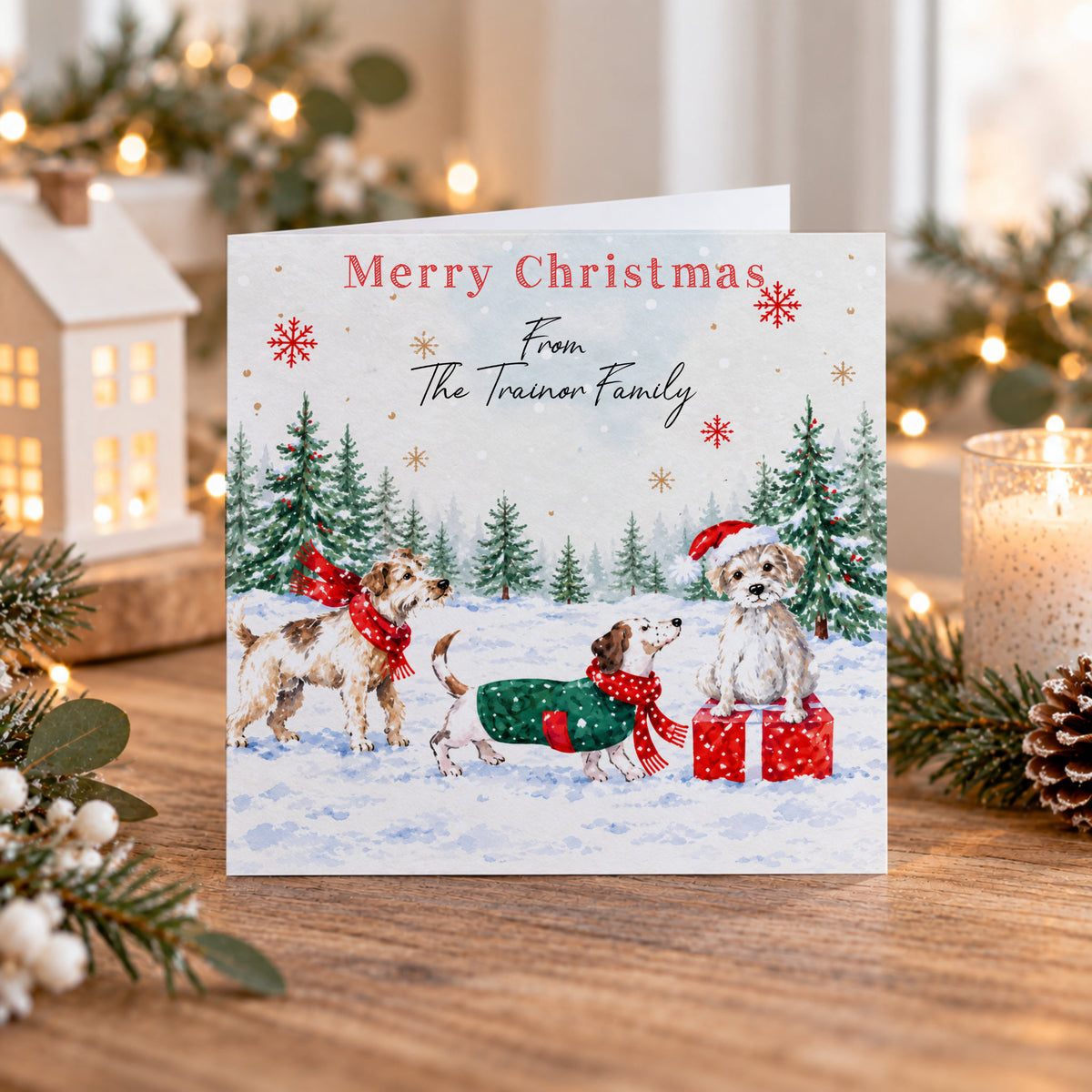 Personalised Christmas card collection featuring festive dogs, snowy Christmas scenes, Christmas trees and personalised family name, change to your own wording, family christmas card pack, 