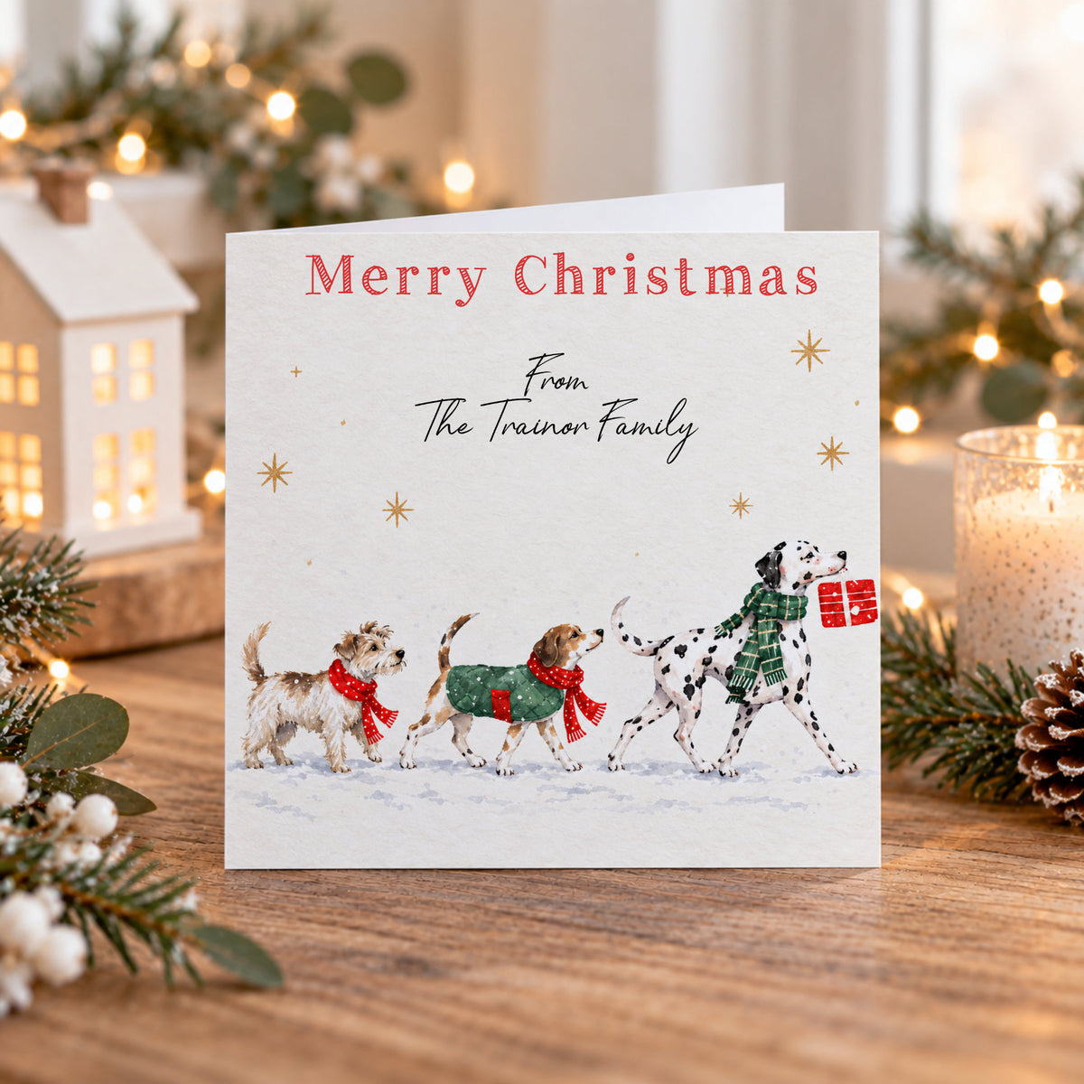 Personalised Christmas card collection featuring festive dogs, snowy Christmas scenes, Christmas trees and personalised family name, change to your own wording, family christmas card pack, 
